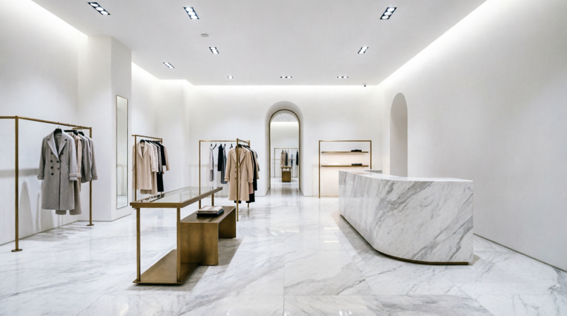 Boutique hotel lobby with marble reception desk