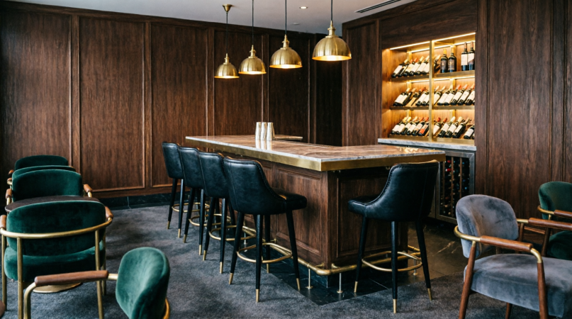 Corporate office lounge with custom millwork and greenery