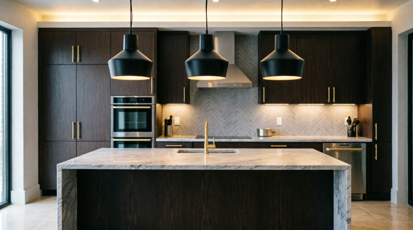 Dark themed interior design moodboard collage with layered renderings