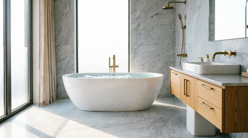 Residential primary suite with sculptural furniture and soft lighting