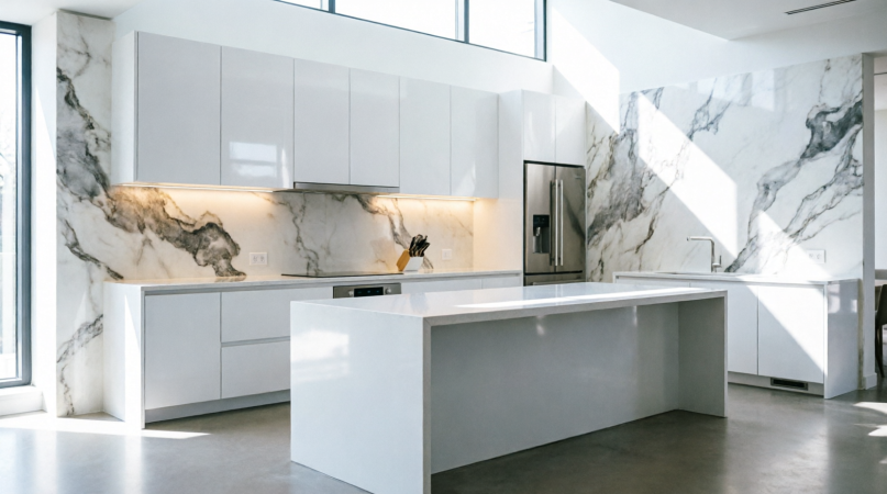 Warm marble kitchen island with mirrored backsplash and pendant lighting