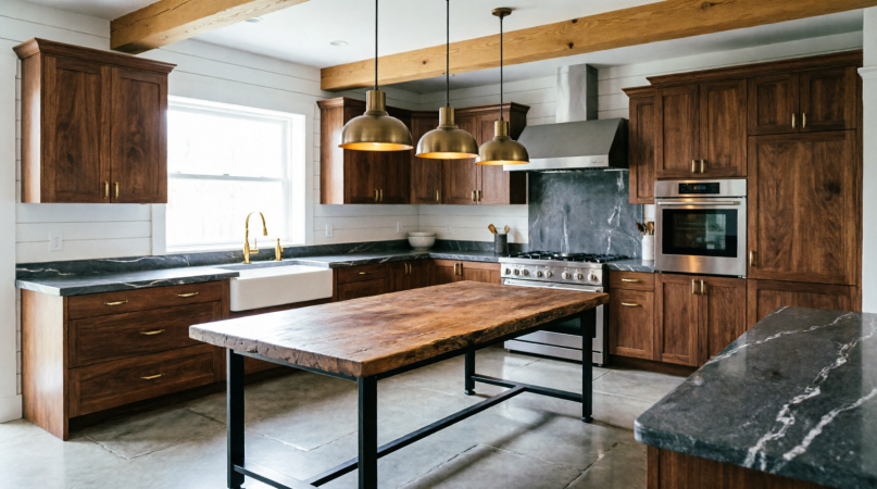 Custom kitchen with waterfall stone island and integrated lighting