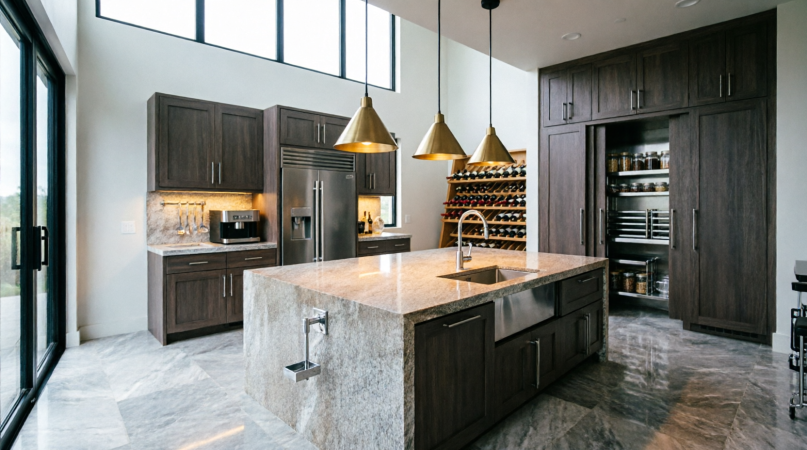 Open concept kitchen with mixed metal finishes and stone backsplash