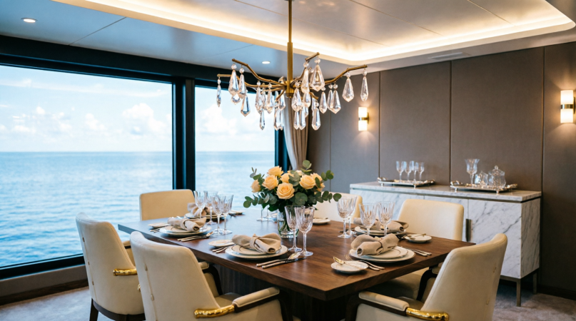 Luxury yacht lounge interior with mirrored ceiling and dark wood paneling